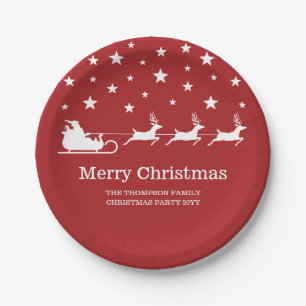 Plato De Papel Trineo de Santa Claus blanco y texto de Feliz Navi