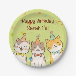 Plato De Papel Trío Adorable de Gatos de Cumpleaños Nombre y Ed