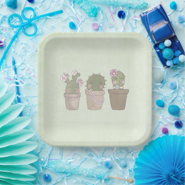 Plato De Papel Trio De Cactus Cute Con Joyería (Fiesta)