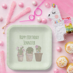 Plato De Papel Trío de Cactus Cute con Juguete Cumpleaños