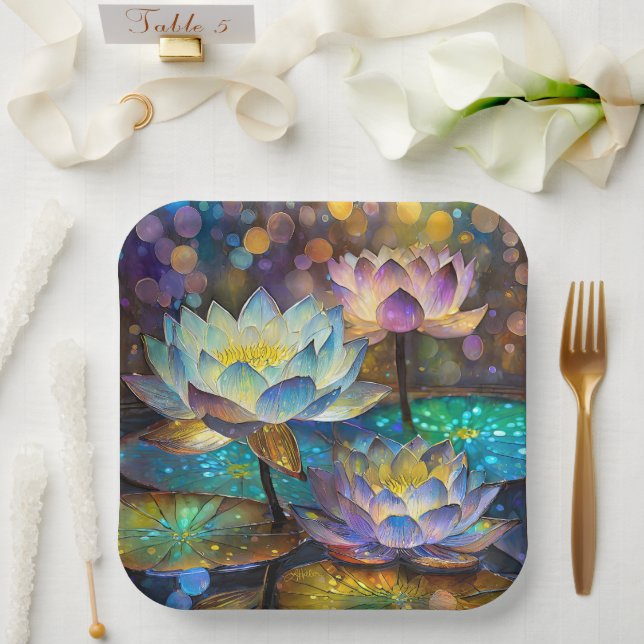 Plato De Papel Trío de flores de loto brillantes (Boda)