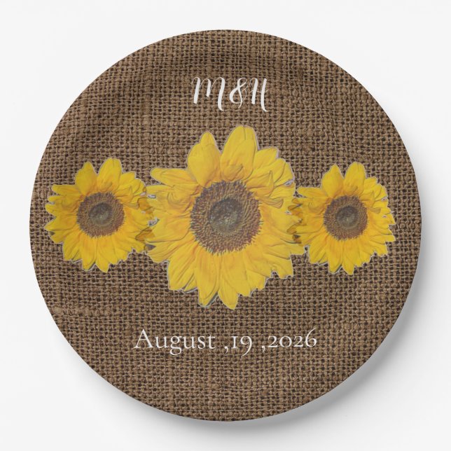 Plato De Papel trío de girasol con aspecto de burlap - boda rústi (Anverso)
