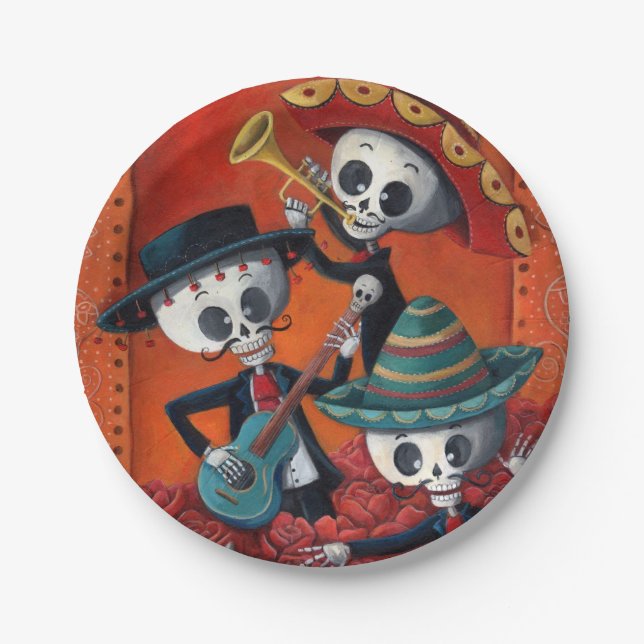 Plato De Papel Trío del Mariachi de Dia de Los Muertos Skeleton (Anverso)