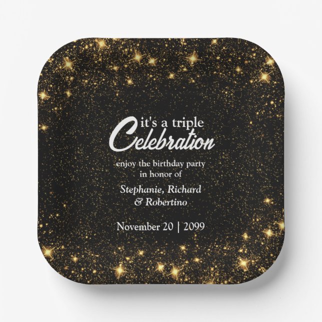 Plato De Papel Triple Celebration Joint Birthday Gold Black  (Anverso)