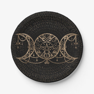 Plato De Papel Triple luna - Triple diosa dorada y negra