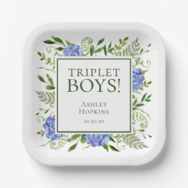 Plato De Papel Triplet Boys Blue Hydrangeas Baby Shower