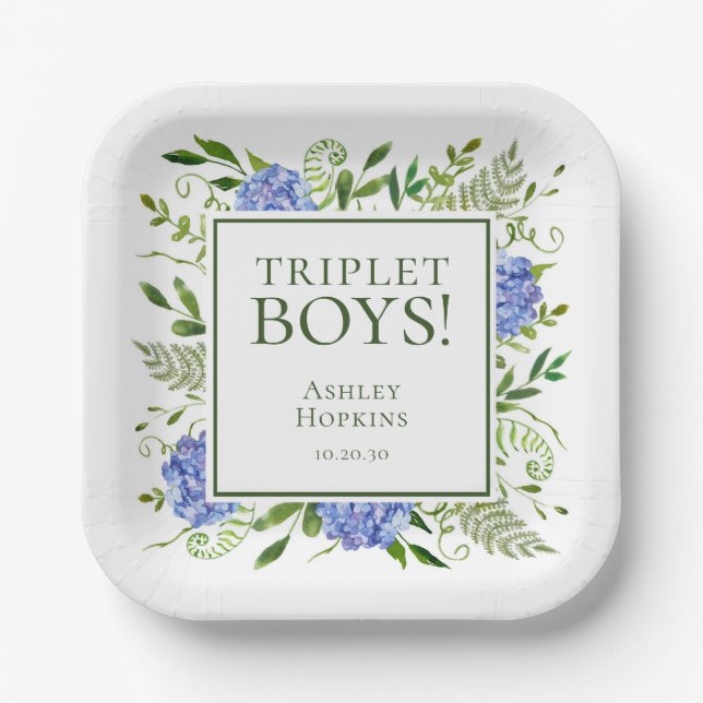 Plato De Papel Triplet Boys Blue Hydrangeas Baby Shower (Anverso)