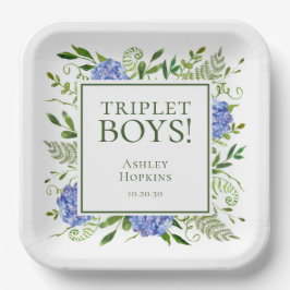 Plato De Papel Triplet Boys Blue Hydrangeas Baby Shower