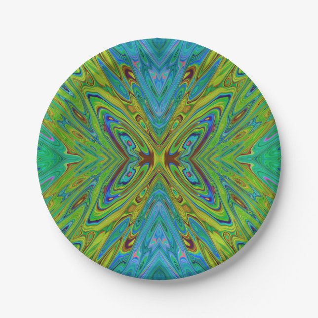 Plato De Papel Trippy Chartreuse y Blue Abstract Butterfly (Anverso)