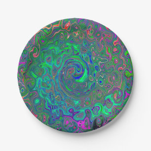 Plato De Papel Trippy Chartreuse y Blue Retro Liquid Swirl