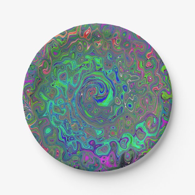Plato De Papel Trippy Chartreuse y Blue Retro Liquid Swirl (Anverso)