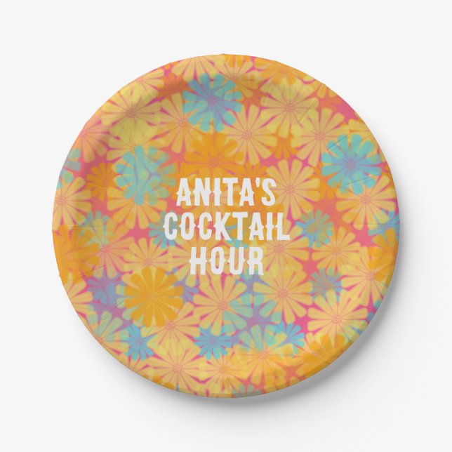 Plato De Papel Trippy Hippie Psicodélico Diseño Floral Retro (Anverso)