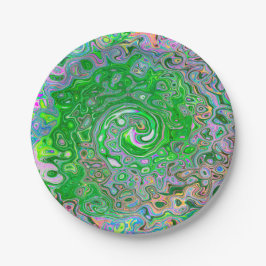 Plato De Papel Trippy Lime Green y Pink Resumen Swirt Retro