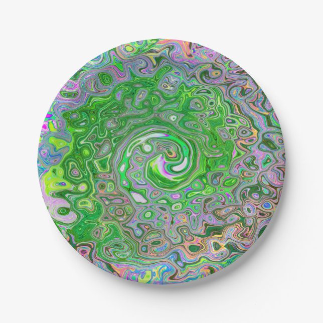 Plato De Papel Trippy Lime Green y Pink Resumen Swirt Retro (Anverso)