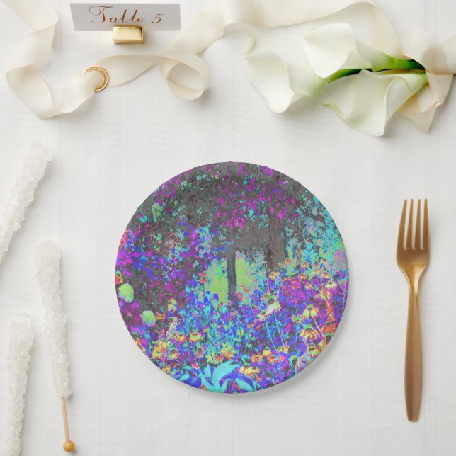 Plato De Papel Trippy Lime Green y Purple Garden Sunrise (Boda)