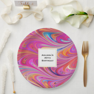 Plato De Papel Trippy Pink y Naranja Swirly Design Cumpleaños