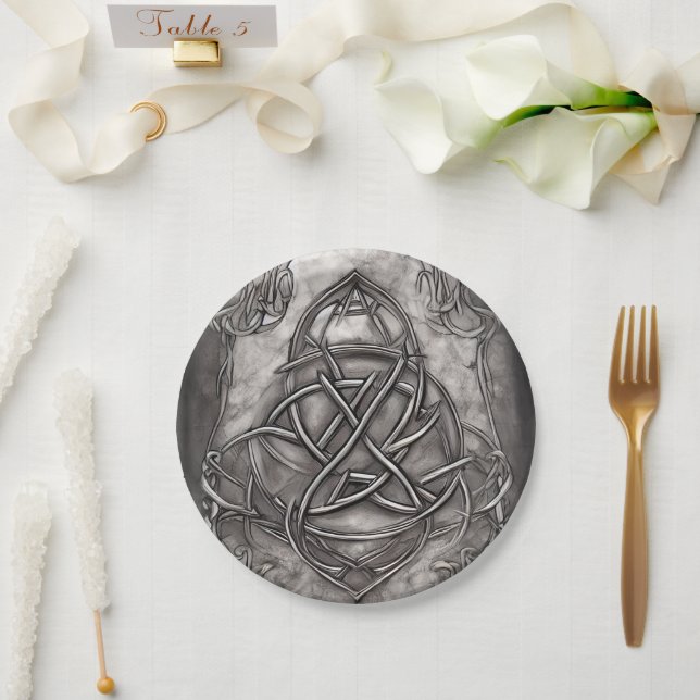 Plato De Papel Triquetra Trinity Knot Silvery Faux Metalizado (Boda)
