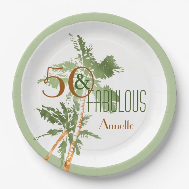 Plato De Papel Tropical 50 y fabulosos palmeros 50 cumpleaños (Anverso)