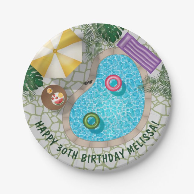 Plato De Papel Tropical Backyard Pool Summer Pool Birthday Party (Anverso)
