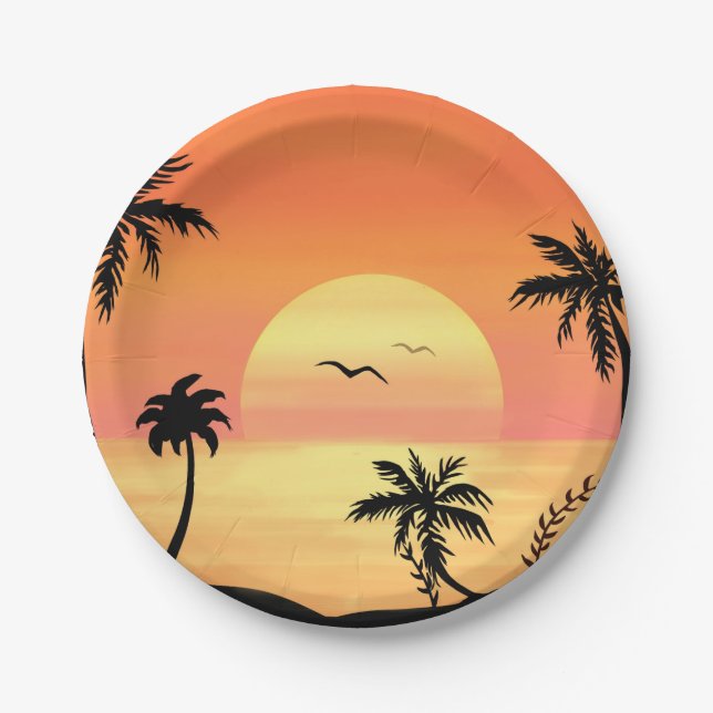 Plato De Papel Tropical Beach Sunset Palm Tree Silhouette Art (Anverso)