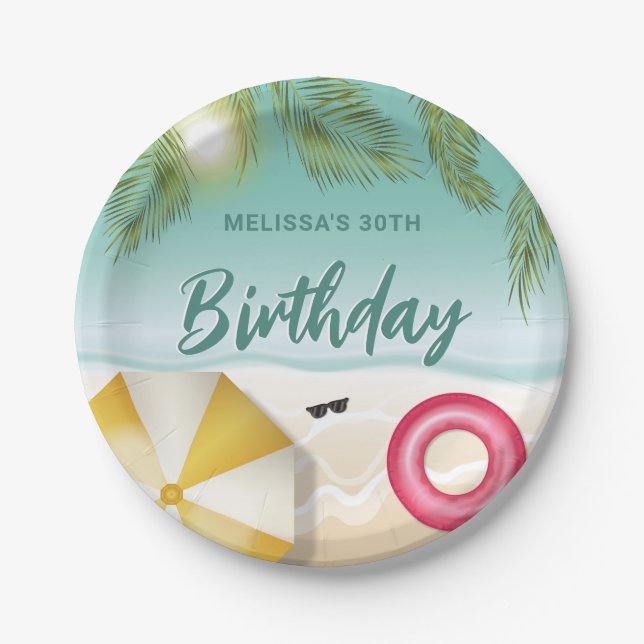 Plato De Papel Tropical Beach With Palm Leaves Summer Birthday (Anverso)