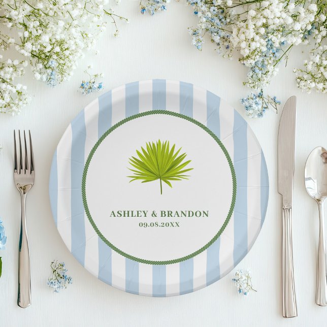 Plato De Papel Tropical Blue Cabana Stripe Coastal Retro Wedding (Subido por el creador)