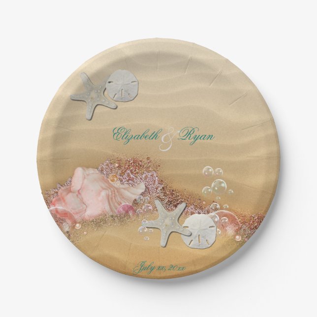 Plato De Papel Tropical, Boda de Playa, Estrella de Mar, Encaje,  (Anverso)