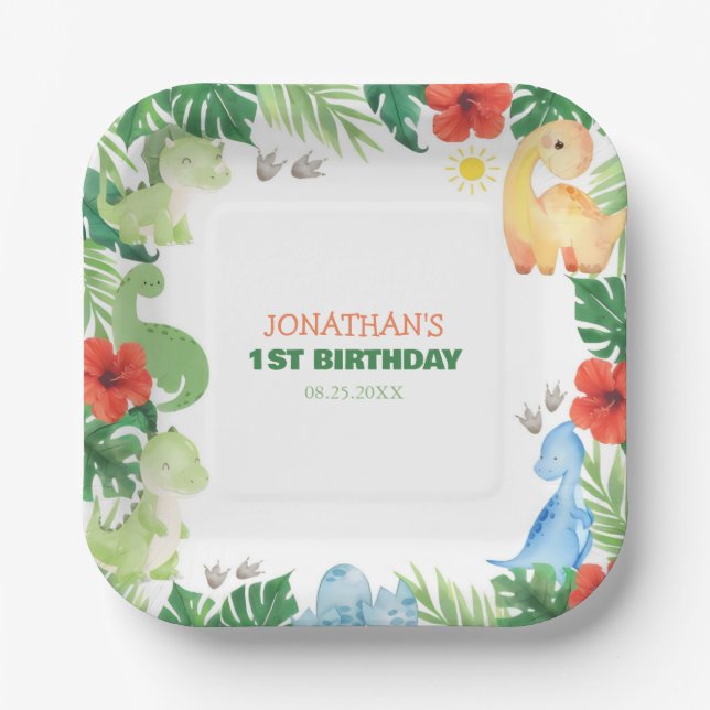 Plato De Papel Tropical Forest Dinosaur Kids Birthday (Anverso)