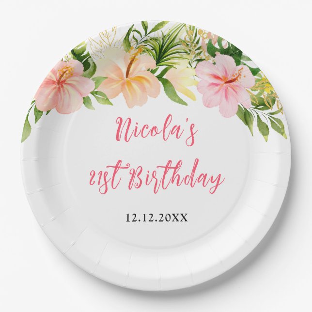 Plato De Papel Tropical Jungle Floral Birthday (Anverso)