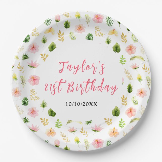 Plato De Papel Tropical Jungle Floral Birthday (Anverso)