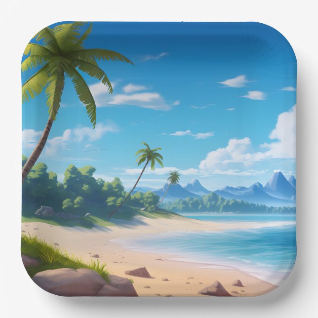 Plato De Papel Tropical Ocean Island Sandy Beach Shore (Anverso)