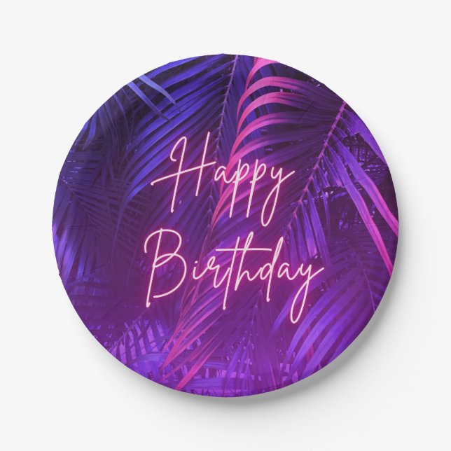 Plato De Papel Tropical Palm Leaf Happy Birthday Paper Plate (Anverso)