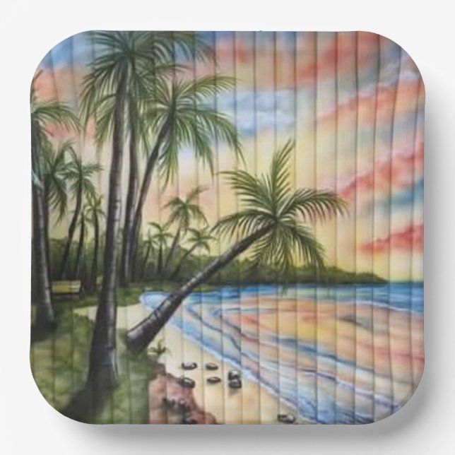 PLATO DE PAPEL TROPICAL PALM TREES BEACH BLINDS (Anverso)