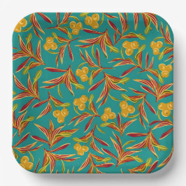 Plato De Papel Tropical Pattern with Red and Yellow Leaves