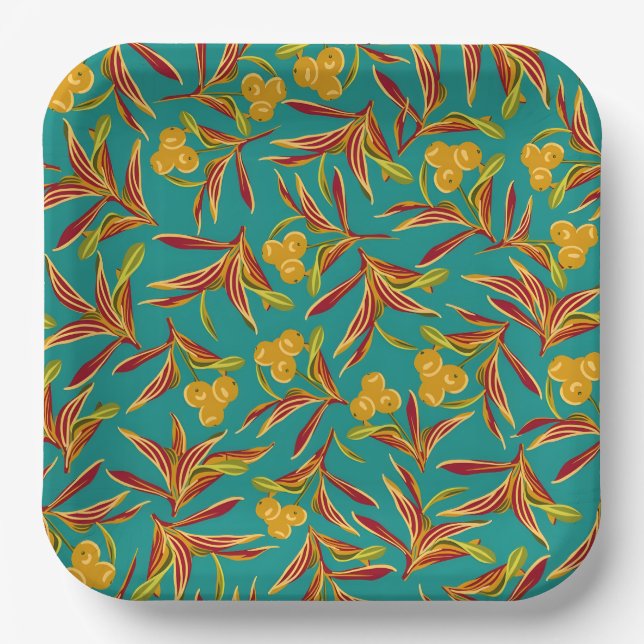 Plato De Papel Tropical Pattern with Red and Yellow Leaves (Anverso)