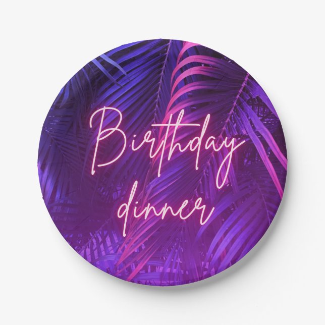 Plato De Papel Tropical Purple Palm Leaf Birthday Dinner (Anverso)
