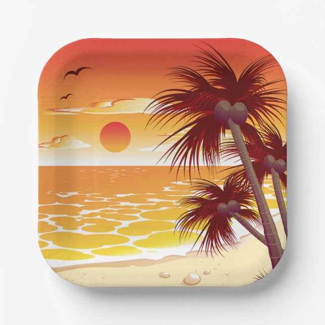 Plato De Papel Tropical Sunset Beach Palm Tree Island (Anverso)