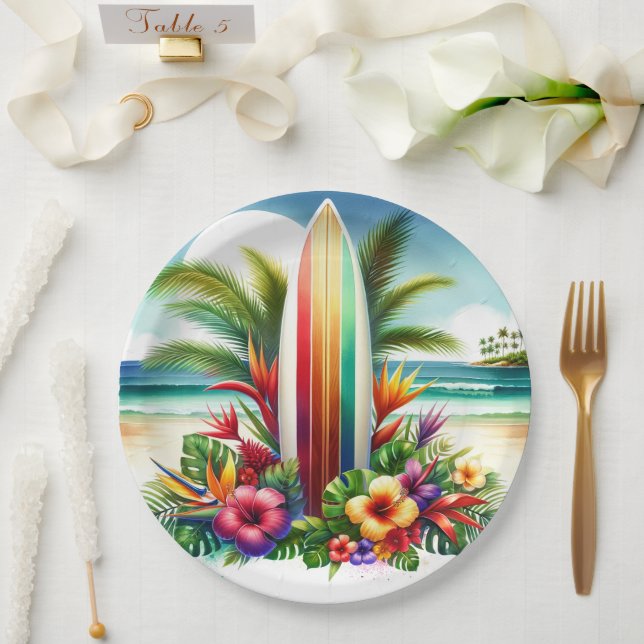Plato De Papel Tropical Surfboard El Grande Cumpleaños 1 (Boda)