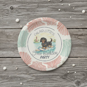 Plato De Papel Tropical The Big One Surf Dachshund Cumpleaños