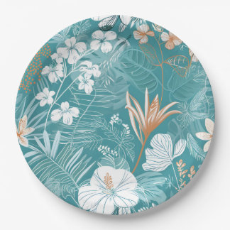 Plato De Papel Tropical Turquesa y Terracota Floral Hibisco 
