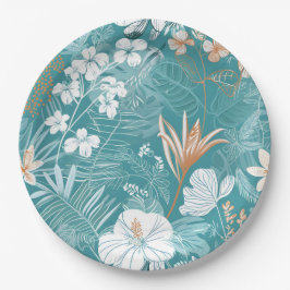 Plato De Papel Tropical Turquoise & Terracotta Hibiscus Floral 