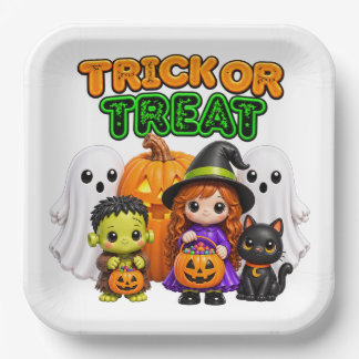 Plato De Papel Truco o trato - Amigos lindos de Halloween