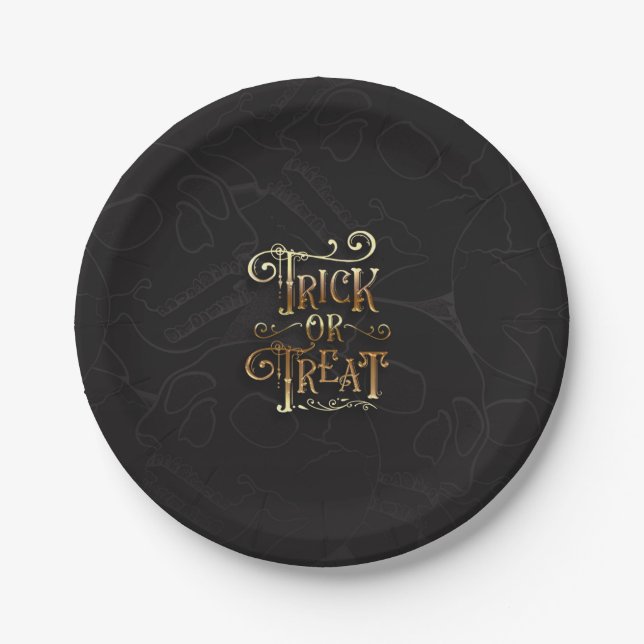 Plato De Papel Truco o truco Calavera Fiesta de Halloween Negro y (Anverso)