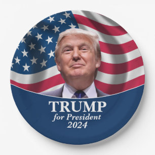 Plato De Papel Trump 2024 - Foto con bandera estadounidense