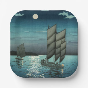 Plato De Papel Tsuchiya Koitsu - Barcos en Shinagawa, noche