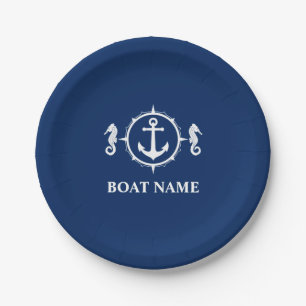 Plato De Papel Tu nombre de barco Seahorse Anchor Navy Blue 9"