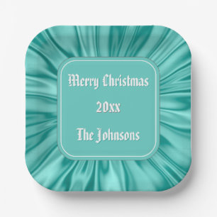 Plato De Papel Tu texto: "Feliz Navidad" Aqua Ruched Satin
