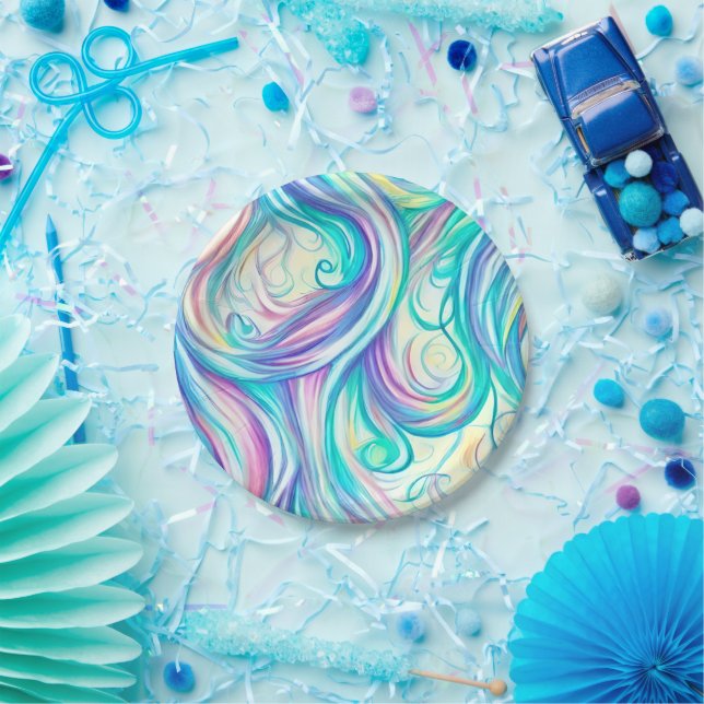 Plato De Papel Tuercas de ondas azules y patrón de remolinos (Fiesta)