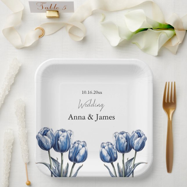 Plato De Papel Tulipán Azul Delft, personalizado (Boda)