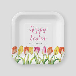 Plato De Papel Tulipán de acuarela floral de Pascua feliz colorid